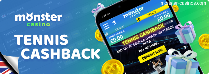 Tennis Cashback for bettors from UK at Monster Casino