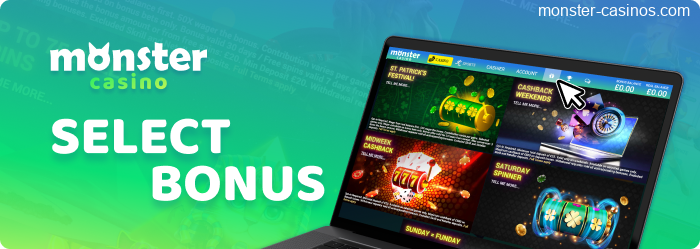 Select Bonus type at Monster Casino UK