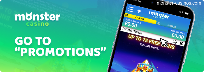 Promotion section to get Bonuses at Monster Casino UK