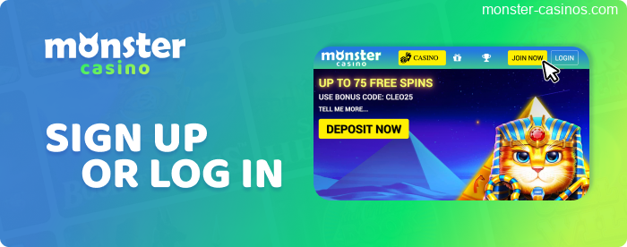 Monster Casino UK - select an option, register or login