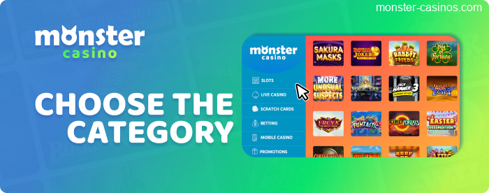 Select a category on the Monster Casino UK