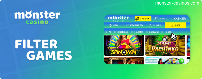 Filter games on the Monster Casino website